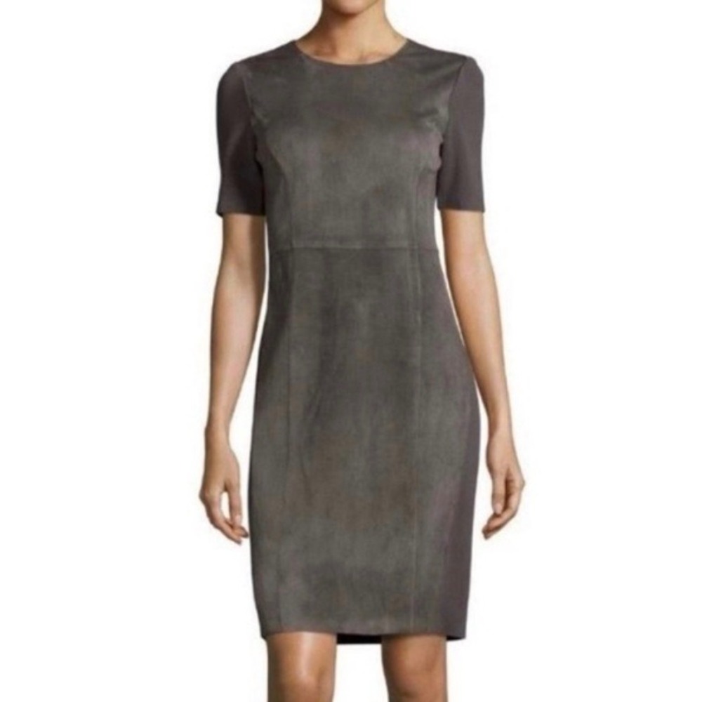 Elie Tahari Womens Grey Faux Suede Short Sleeve Sheath Dress M